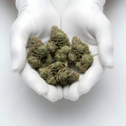 Gloves photo handling Jokerz THCA hemp flower AA grade for wholesale, highlighting sticky trichomes, creamy fuel aroma, and candy sweet notes | Hurcann