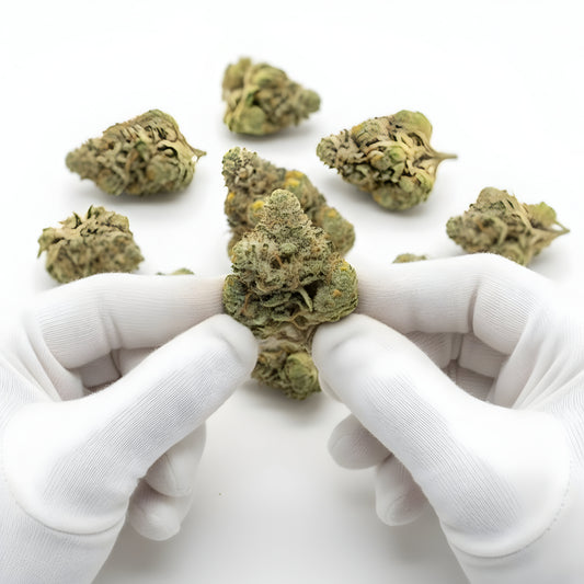 Gloves photo handling Pineapple Ex THCA hemp flower AA grade for wholesale, emphasizing fluffy bud structure and golden trichome coverage