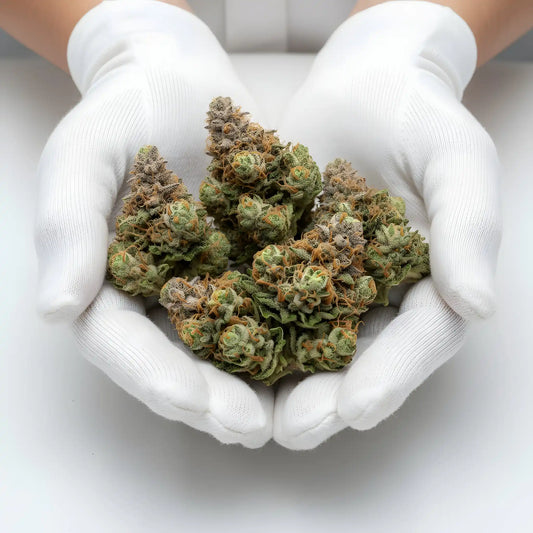 Gloves photo handling Vanilla Berry THCA hemp flower AA grade for wholesale, emphasizing frosty trichomes and premium indoor quality