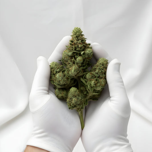 Gloves photo of Jungle Fuel THCa Hemp Flower showing careful handling of dense hybrid buds, resin-rich trichomes, and premium wholesale AAA-grade quality