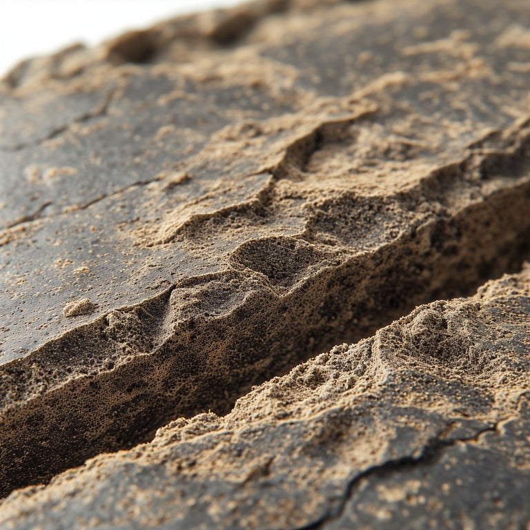 Dense, rectangular brick of Moroccan-style THCA hash with a dark, hand-pressed exterior and slightly porous interior texture