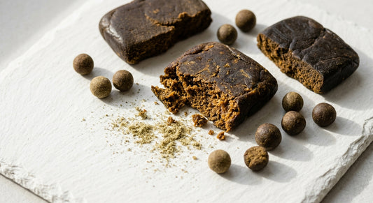 zero THC CBD hash slabs and hash balls arranged on white matte surface Hurcann