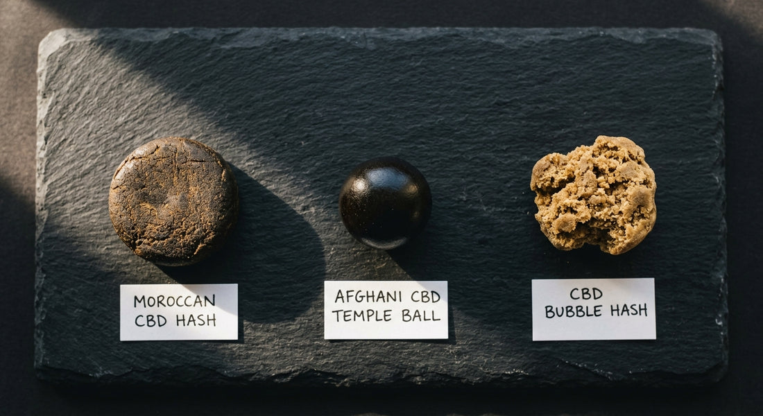 1 gram of hash varieties including Moroccan pressed bubble hash and Afghani temple ball on white surface
