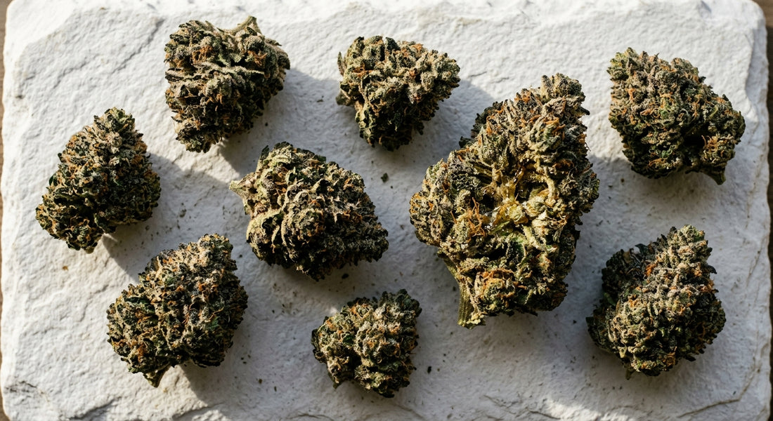 25 hour hemp THCA flower buds flat lay dense trichome-covered indoor grown