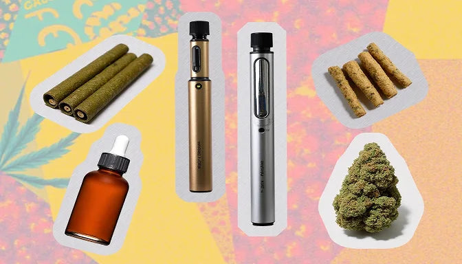 A vibrant collage features joints, a vaporizer, edibles, and a tincture against a colorful budget-themed background for affordable cannabis use | Hurcann
