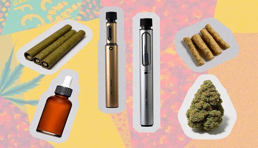 A vibrant collage features joints, a vaporizer, edibles, and a tincture against a colorful budget-themed background for affordable cannabis use | Hurcann