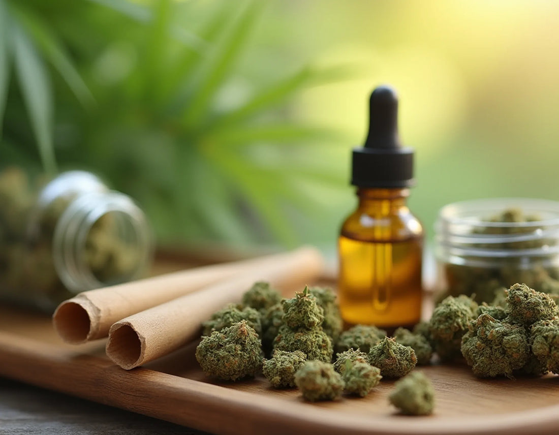A soothing display of CBD flower buds, pre-rolled joints, and a CBD oil dropper bottle on a wooden tray, set against a peaceful, natural background | Hurcann