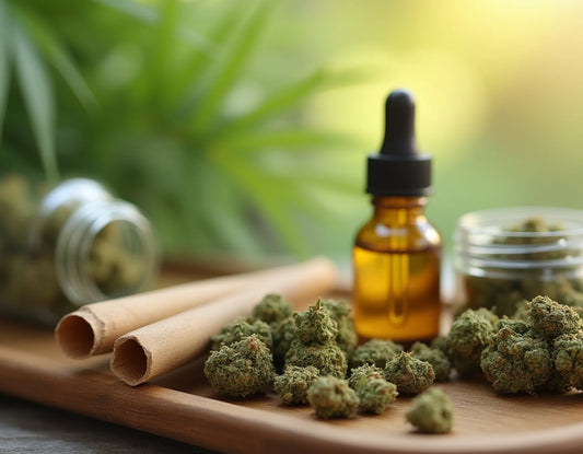 A soothing display of CBD flower buds, pre-rolled joints, and a CBD oil dropper bottle on a wooden tray, set against a peaceful, natural background | Hurcann
