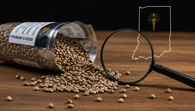 CBD seeds displayed on a wooden table with a magnifying glass and an Indiana map in the background.