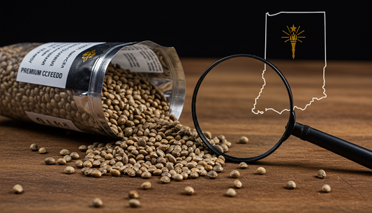 CBD seeds displayed on a wooden table with a magnifying glass and an Indiana map in the background.