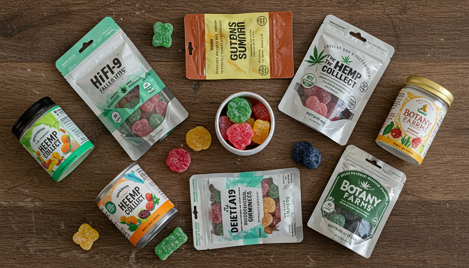    A flat lay of different Delta-9 gummy brands, showcasing vibrant colors and premium packaging on a rustic wooden surface.