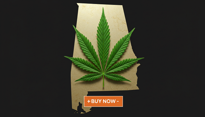 A vibrant green cannabis leaf over a map of Alabama, symbolizing cannabis seed purchasing in the state.