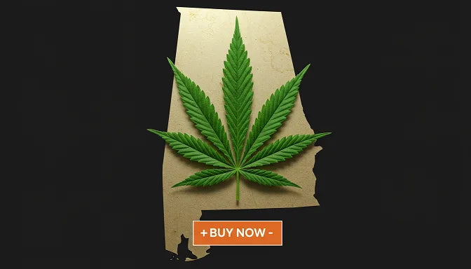 A vibrant green cannabis leaf over a map of Alabama, symbolizing cannabis seed purchasing in the state | Hurcann