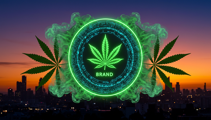 Cannabis brand logo glowing on a digital screen with green smoke and hemp leaves, against a sunset sky and city silhouette.