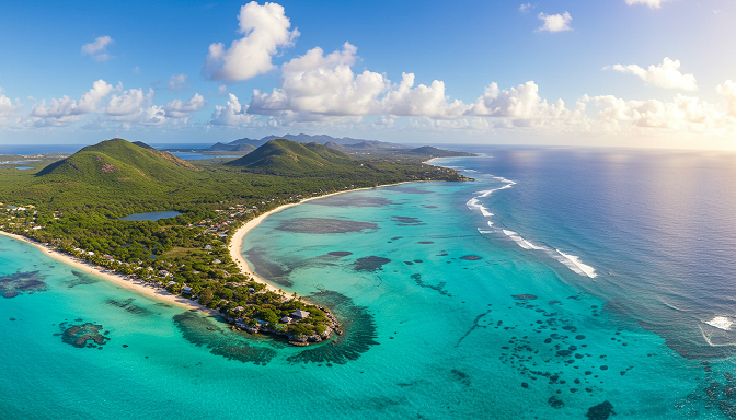 An aerial view of a stunning Caribbean island with lush greenery, white sand beaches, and vibrant turquoise waters under the sun.