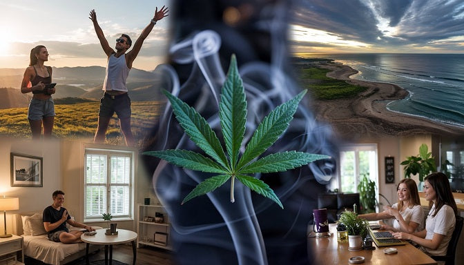 A cannabis leaf collage with morning energy, evening calm, and social scenes, linked by smoke, capturing the article’s essence.