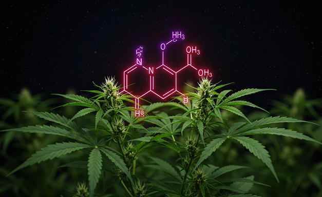 Cannabis plant with an HHC molecule illustration, representing the new cannabinoid discovery.