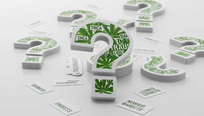 A stack of question mark-shaped cards with cannabis leaves and keywords like THCA, legal, and effects, floating against a clean white background.