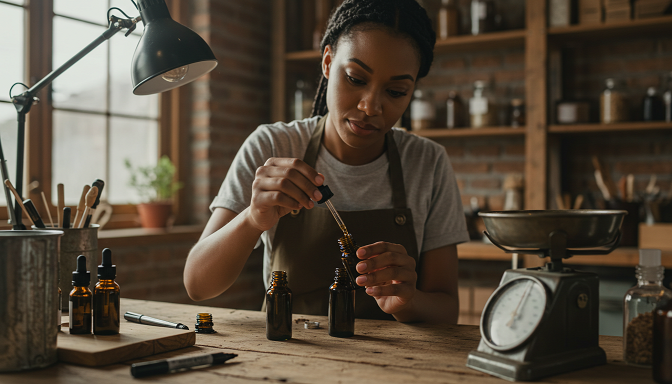 Small business owner preparing CBD oil products for wholesale.