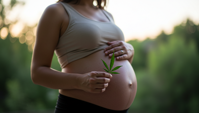 A pregnant woman holding a marijuana leaf with a conflicted expression, symbolizing the risks and decisions around marijuana use during pregnancy.