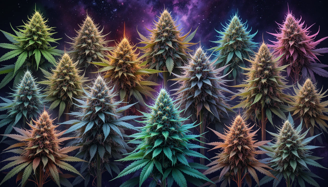 A colorful collage of ten cannabis strains, including Jack Herer and Harlequin, glows with hemp leaves against a cosmic purple background.