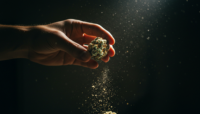 Hand holding a glistening moon rock nugget against a starry sky with a moon silhouette and falling kief dust.