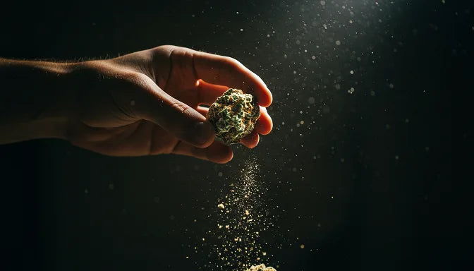 Hand holding a glistening moon rock nugget against a starry sky with a moon silhouette and falling kief dust | Hurcann