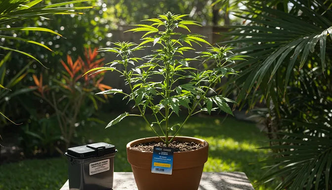 A Florida backyard with a cannabis plant, medical card, and tamper-proof container | Hurcann