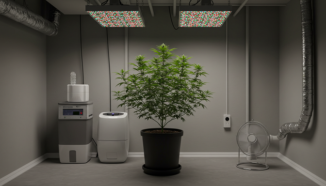 A Miami basement with a cannabis plant, grow lights, dehumidifier, and fan arranged.
