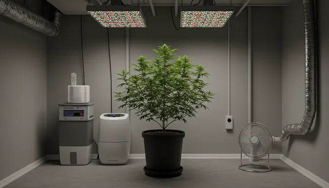 A Miami basement with a cannabis plant, grow lights, dehumidifier, and fan arranged | Hurcann