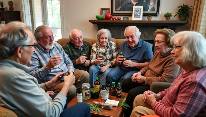 Seniors exploring cannabis products together in a living room.