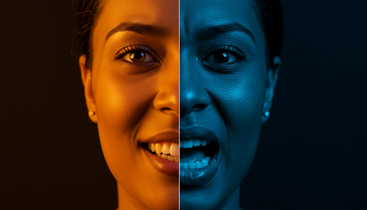 A split-image of a person’s face, showing both relaxation and anxiety, representing the dual effects of marijuana on personality.