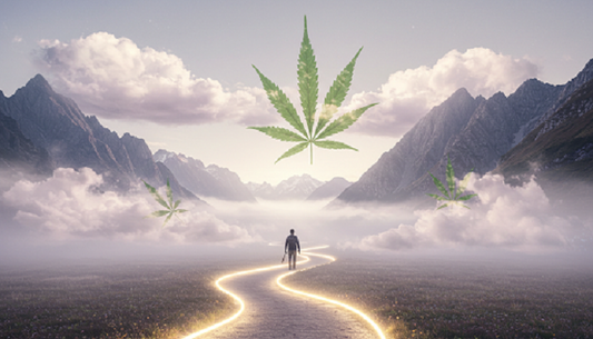 A scenic path through misty mountains with cannabis leaves in the clouds, symbolizing discovery through weed.