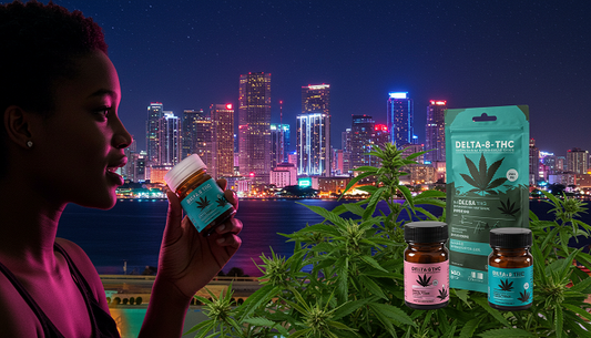A person enjoys a Delta-8 THC product in front of a neon-lit Miami skyline, with hemp plants and product packaging, blending urban life and cannabis wellness.