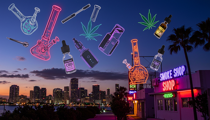 Miami skyline at dusk with glowing smoke shop signs and a collage of cannabis products, showcasing the city’s top smoke shops.