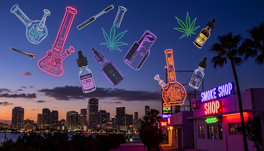 Miami skyline at dusk with glowing smoke shop signs and a collage of cannabis products, showcasing the city’s top smoke shops.