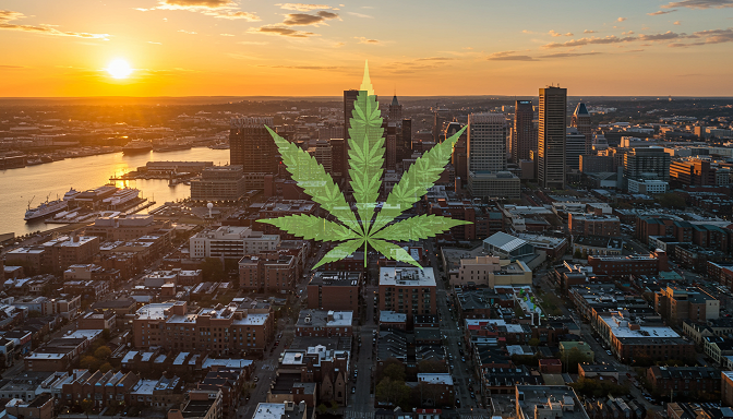 Baltimore city skyline at sunset with a cannabis leaf overlay representing Maryland’s growing marijuana industry.