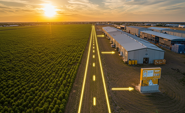 Aerial view of a hemp field, CBD warehouse, and retail shop connected by a golden path under a sunset sky.