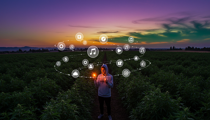 Influencer in a cannabis field holding a glowing joint, with social media icons swirling against a purple-green sunset sky.