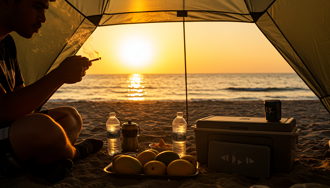 A person lighting a joint under a tent with a cooler, speaker, and ocean at sunset.