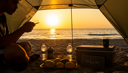 A person lighting a joint under a tent with a cooler, speaker, and ocean at sunset.