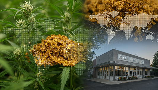 Montage of cannabis grow field, golden THCA hash, dispensary, and global trade map with futuristic overlay.