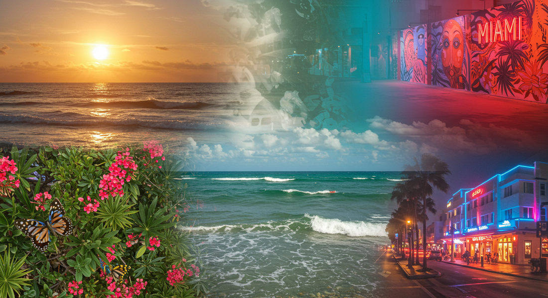 A vivid collage of Miami’s beaches, art galleries, gardens, and nightlife under a cannabis-hazed glow.