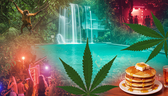 Collage of Miami’s best post-high spots, featuring a monkey, Venetian Pool, pancakes, and a neon dance floor with a dreamy cannabis leaf overlay.