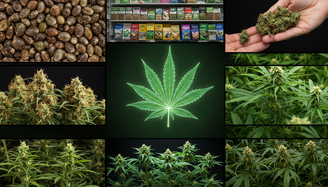A collage of sprouting marijuana seeds, buds, and plants with a seed store shelf and cannabis leaf, capturing the article’s essence.