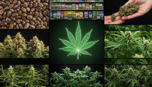 A collage of sprouting marijuana seeds, buds, and plants with a seed store shelf and cannabis leaf, capturing the article’s essence.