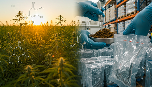 A composite image of a cannabis field, a lab testing THCA hash, a warehouse with sealed packages, and a digital overlay of THCA molecular structures.