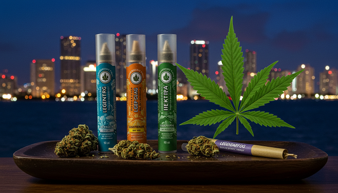 Legendary OG, Sour Space Candy, and Elektra pre-rolls on a wooden tray with hemp buds, a Miami skyline, and a green cannabis leaf overlay.