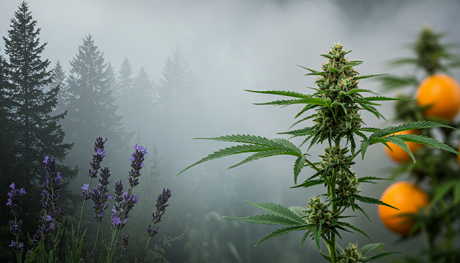 A cannabis plant with glistening buds in the foreground, surrounded by faint pine trees, citrus fruits, and lavender in a misty background.