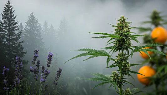 A cannabis plant with glistening buds in the foreground, surrounded by faint pine trees, citrus fruits, and lavender in a misty background | Hurcann